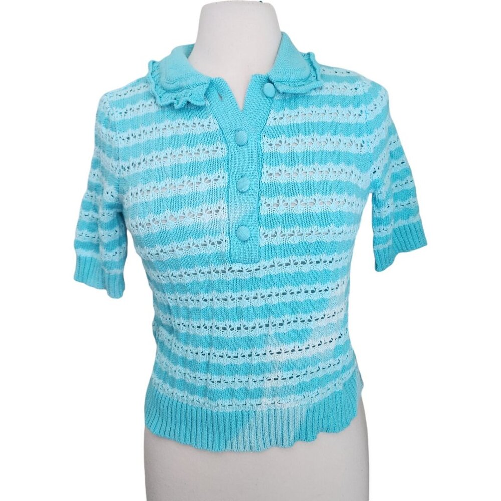 Ryegrass Crochet Eyelet Ruffle Neck Knit Blouse XS Blue Crop‎ Short Sleeves